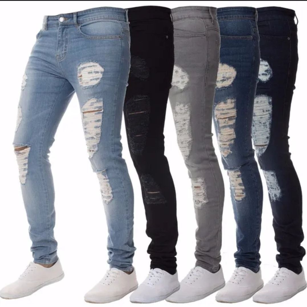 Men Casual Ripped Hole Jeans Outwears Denim Pants Skinny Trousers Streetwear的图片