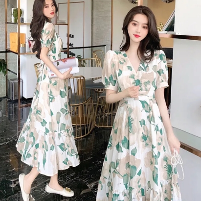 Picture of Korean Style Short Sleeve Long Dress Sweet Flower Dress Women Summer Long Dress