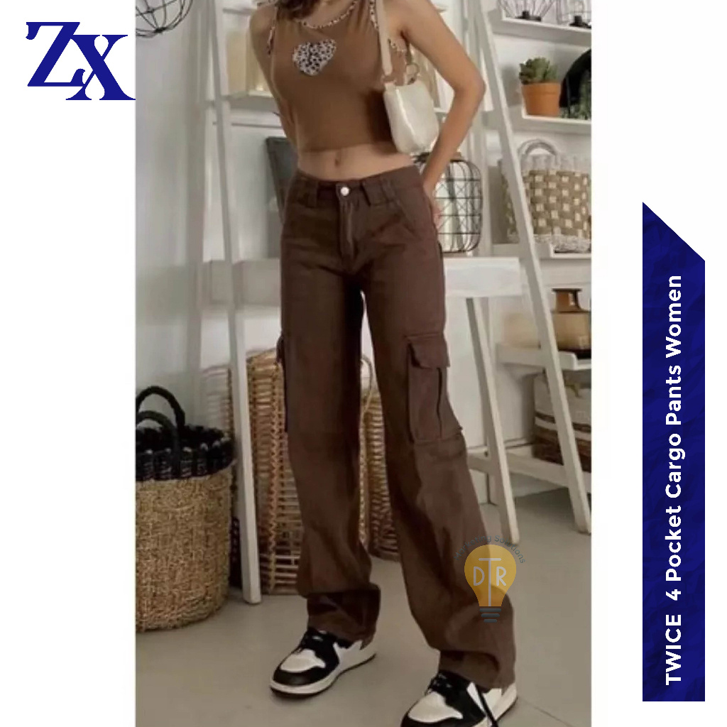 ZHI XIN 4/6 Pockets Cargo Pants Waist Jeans Wide Leg Pants Casual Baggy Pants Black Pink Women的图片