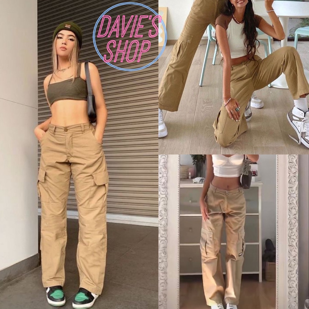 DaviesShop Khaki Cargo Pants Six Pockets Straight Cut Loose Fit High Waist Pants for Women Y2K Korea的图片