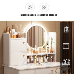 Picture of Dresser Table with Mirror LED Light Vanity Table Dressing Makeup Table Desk with Drawer